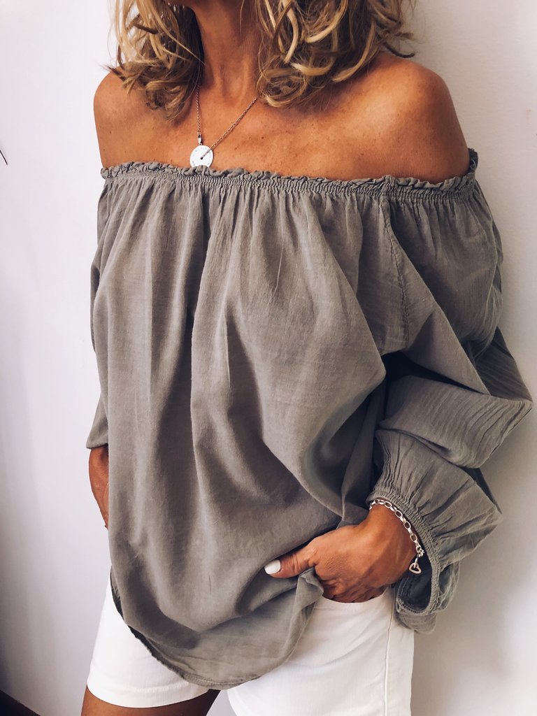 Womens Off The Shoulder Elastic Ruched Cotton Linen Long Sleeve Shirt