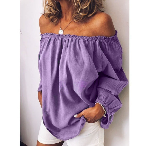 Womens Off The Shoulder Elastic Ruched Cotton Linen Long Sleeve Shirt