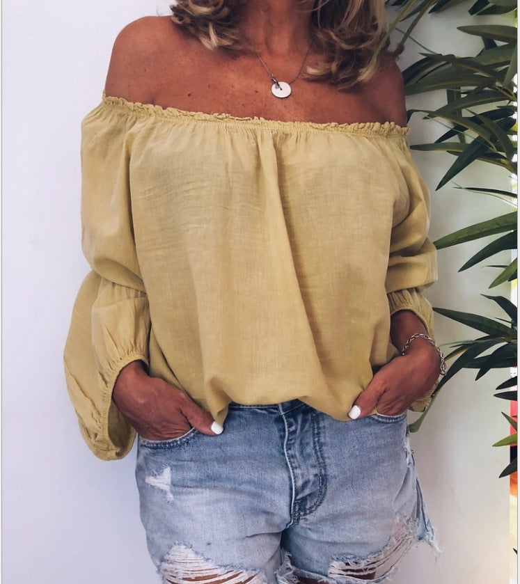 Womens Off The Shoulder Elastic Ruched Cotton Linen Long Sleeve Shirt