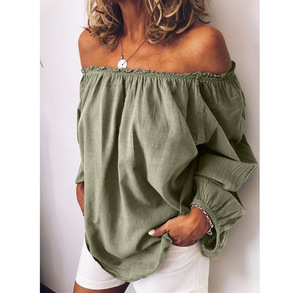Womens Off The Shoulder Elastic Ruched Cotton Linen Long Sleeve Shirt