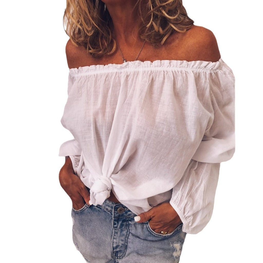 Womens Off The Shoulder Elastic Ruched Cotton Linen Long Sleeve Shirt