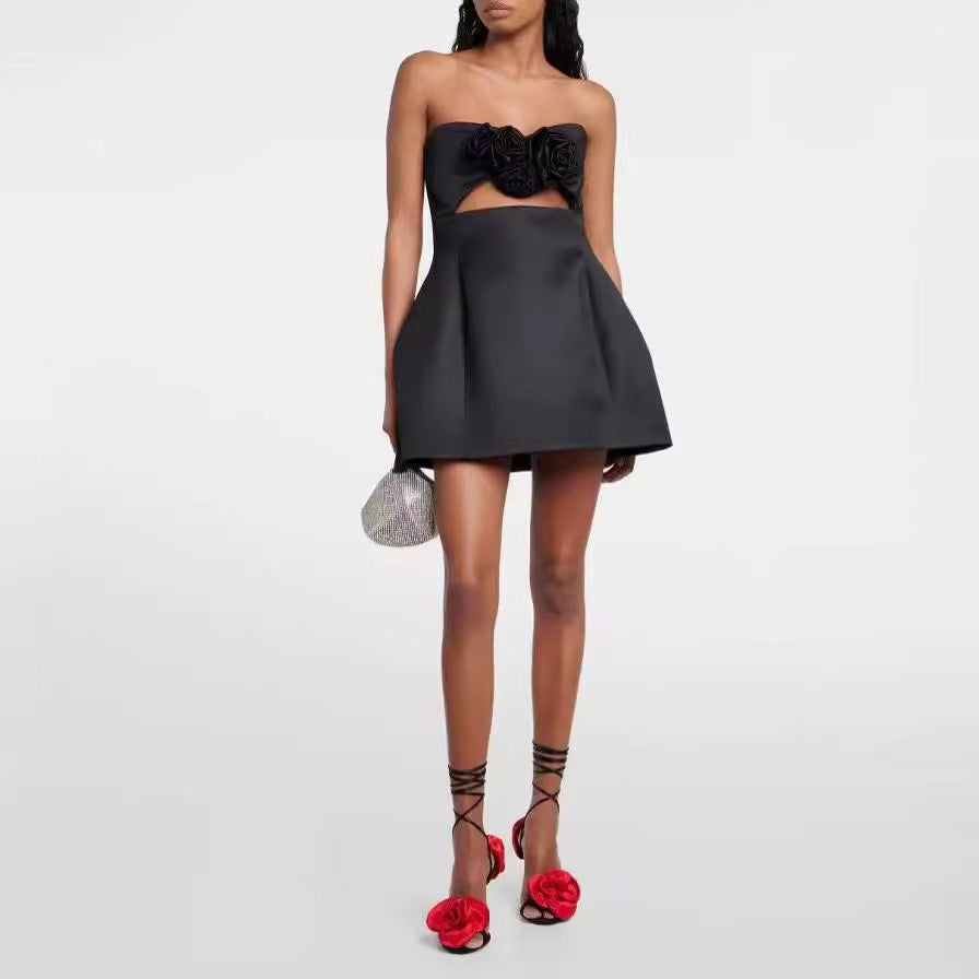 Womens One Shoulder Corsage Satin Short Dress