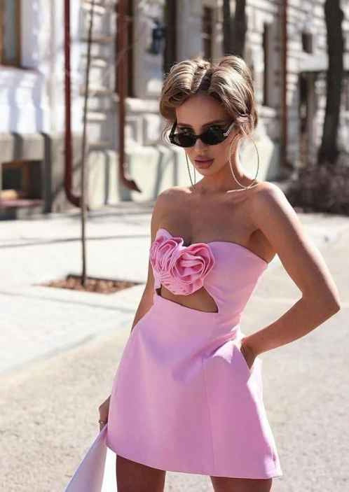 Womens One Shoulder Corsage Satin Short Dress