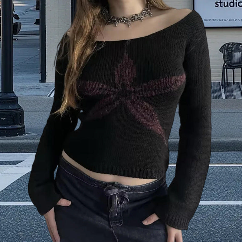 Womens One-Shoulder Printed Sweater