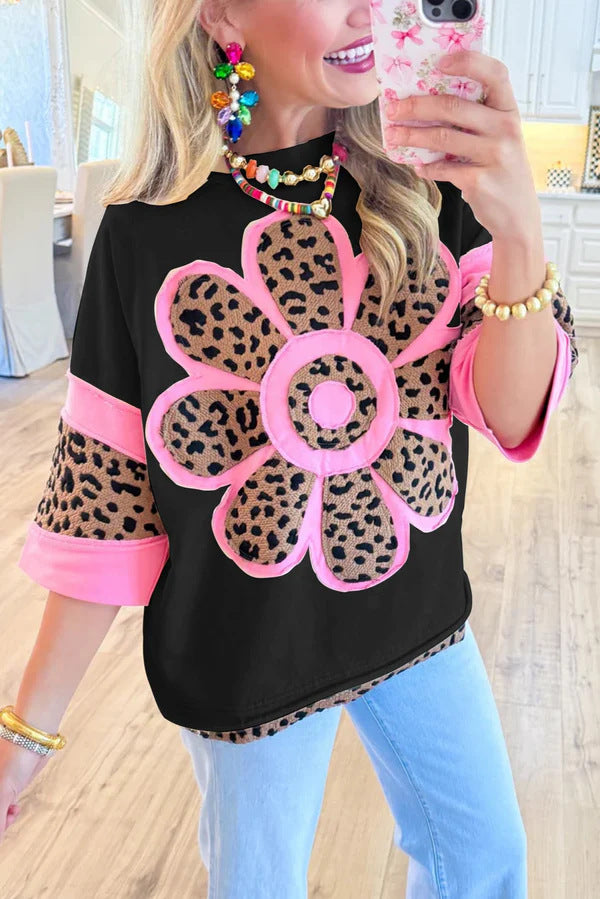 Womens Patchwork Leopard Print Cotton Shirt