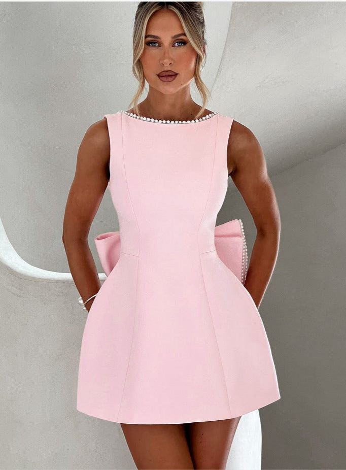 Womens Pearl Bow Backless A-Line Dress