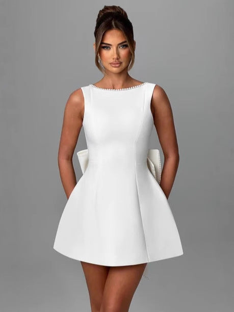 Womens Pearl Bow Backless A-Line Dress