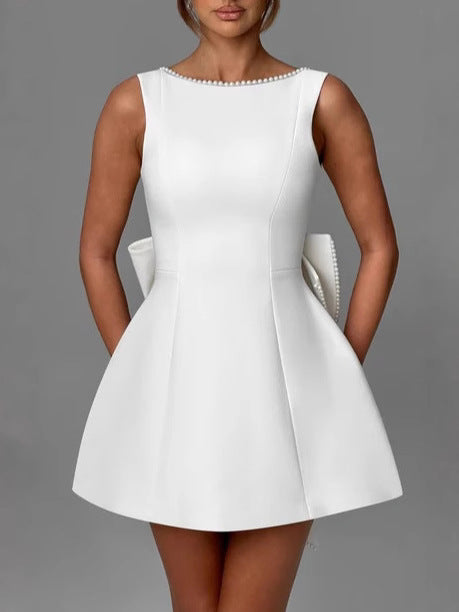 Womens Pearl Bow Backless A-Line Dress