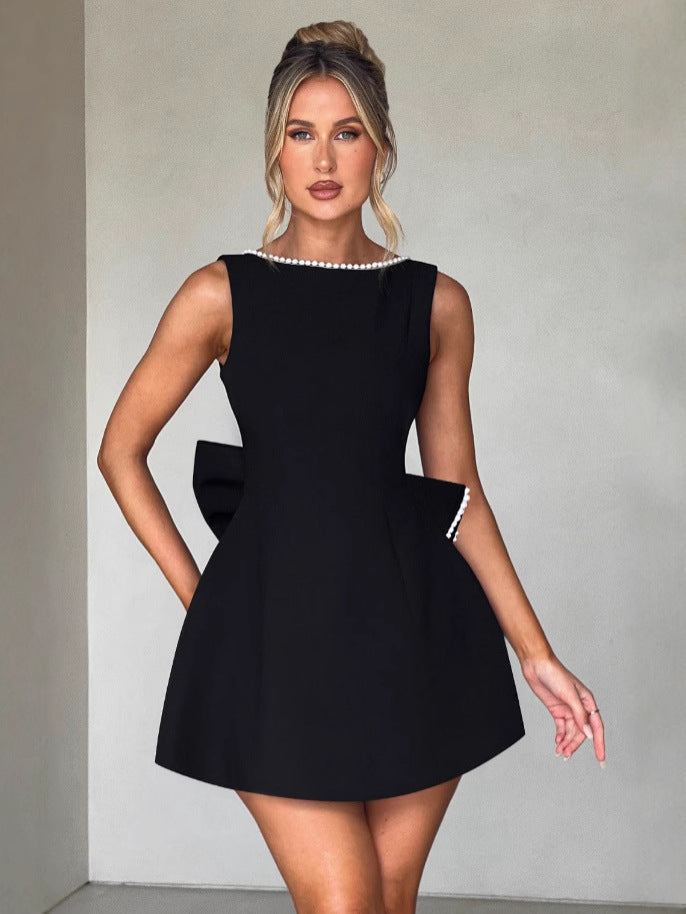 Womens Pearl Bow Backless A-Line Dress