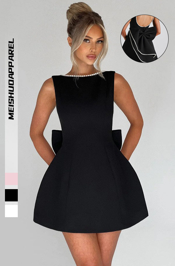 Womens Pearl Bow Backless A-Line Dress