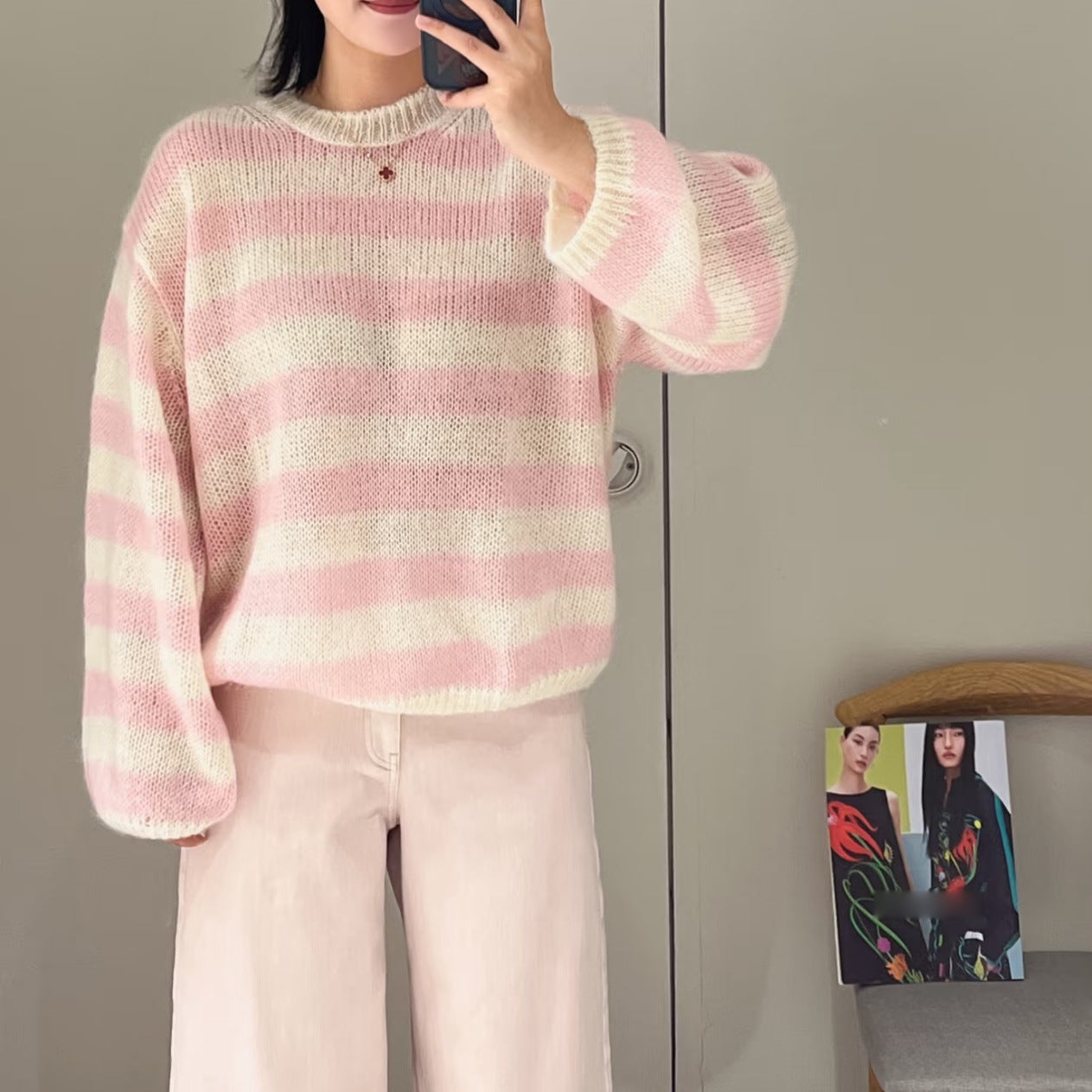 Womens Pink Striped Knit Sweater