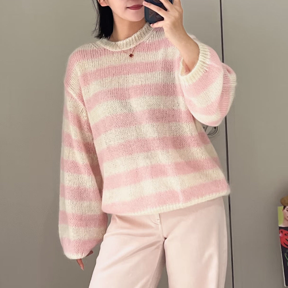 Womens Pink Striped Knit Sweater