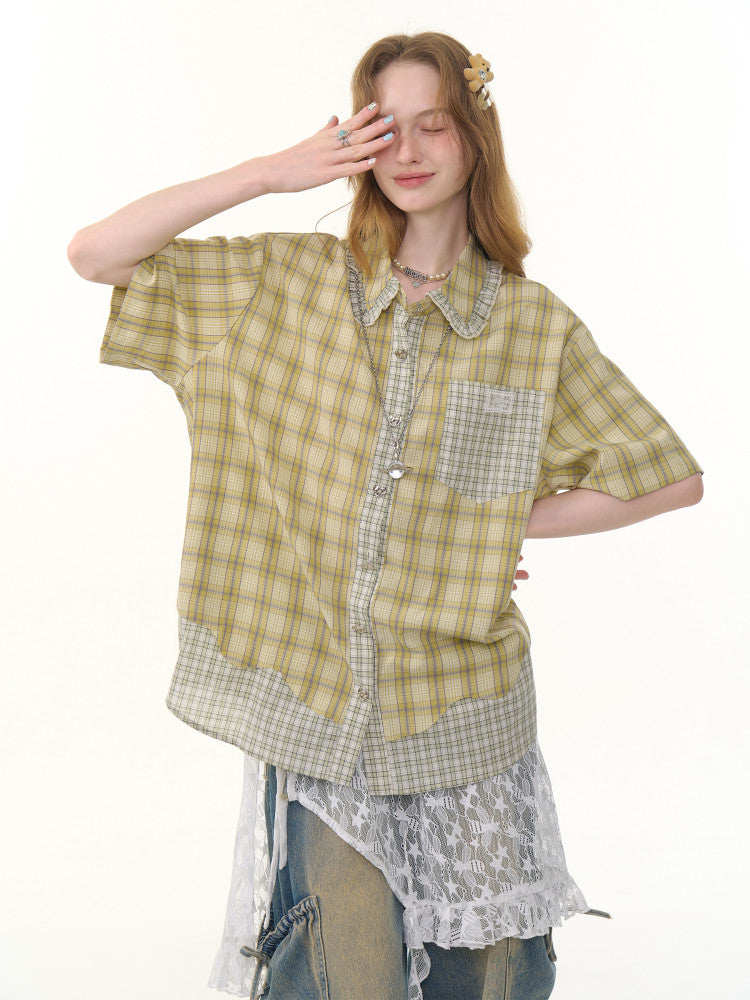 Womens Plaid Short Sleeve Shirt with Doll Collar