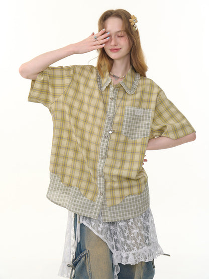 Womens Plaid Short Sleeve Shirt with Doll Collar