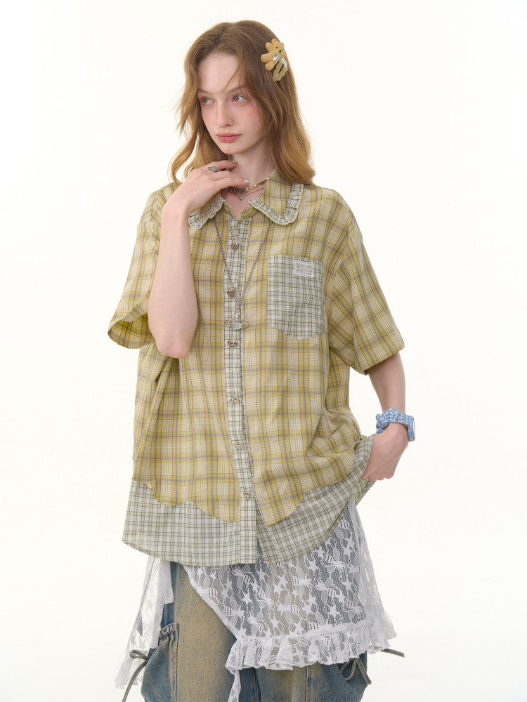 Womens Plaid Short Sleeve Shirt with Doll Collar
