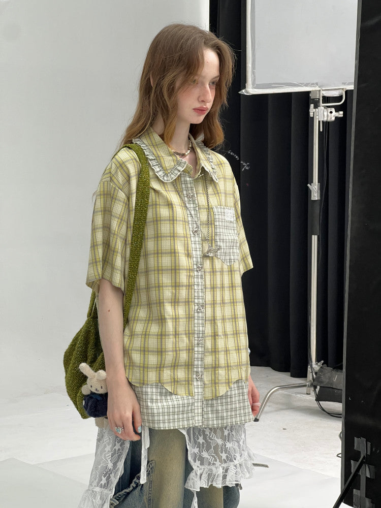 Womens Plaid Short Sleeve Shirt with Doll Collar