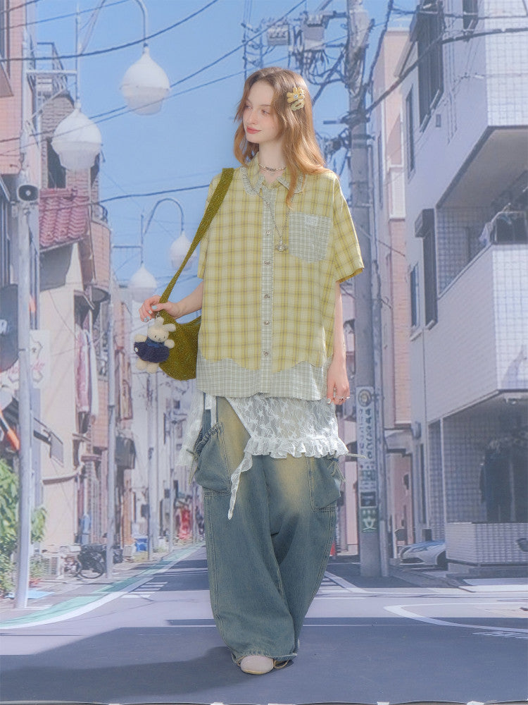 Womens Plaid Short Sleeve Shirt with Doll Collar
