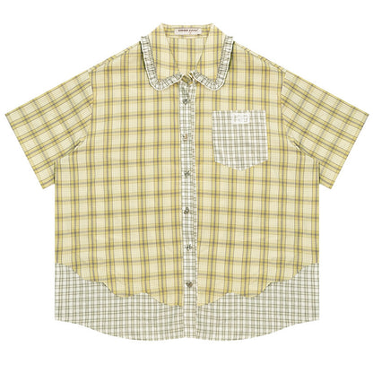 Womens Plaid Short Sleeve Shirt with Doll Collar