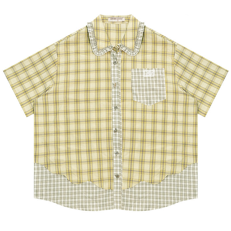 Womens Plaid Short Sleeve Shirt with Doll Collar