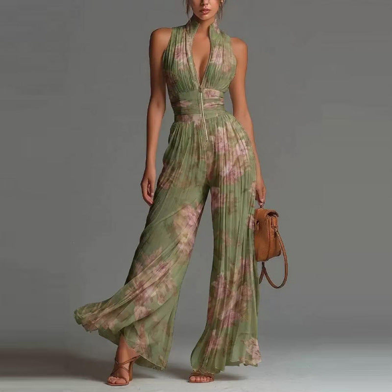 Womens Pleated Halter Neck Wide-Leg Jumpsuit