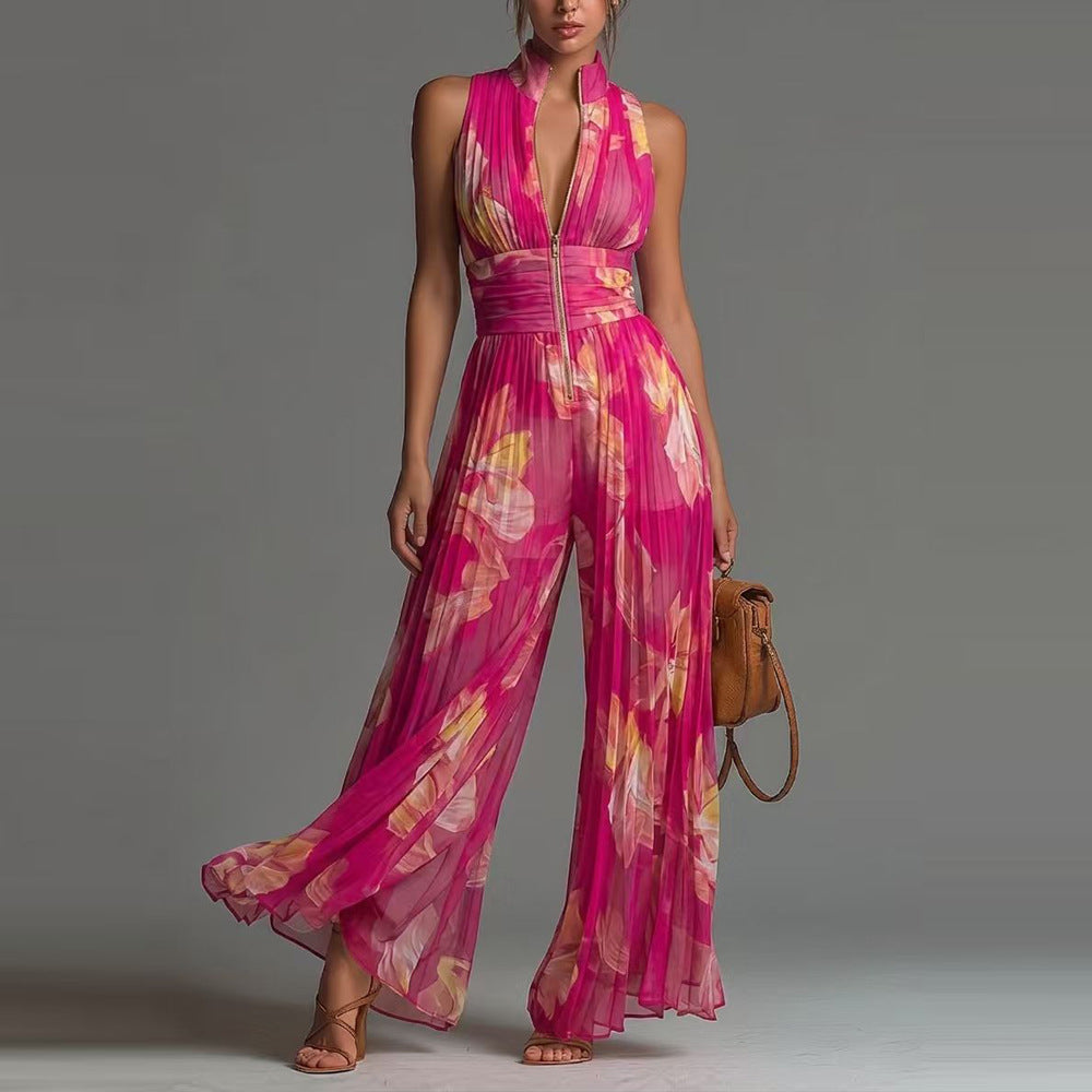 Womens Pleated Halter Neck Wide-Leg Jumpsuit