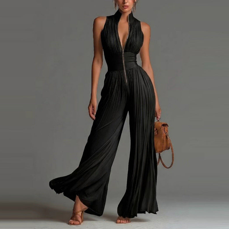 Womens Pleated Halter Neck Wide-Leg Jumpsuit