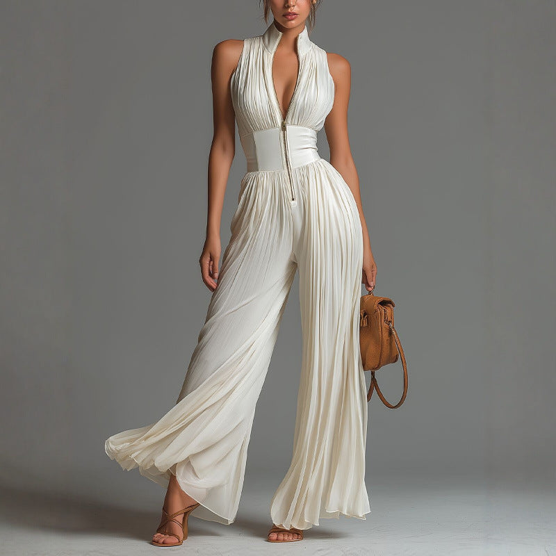 Womens Pleated Halter Neck Wide-Leg Jumpsuit