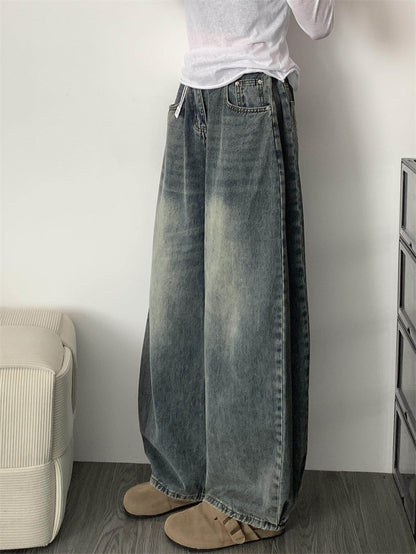 Womens Pleated High-Waisted Wide Leg Jeans