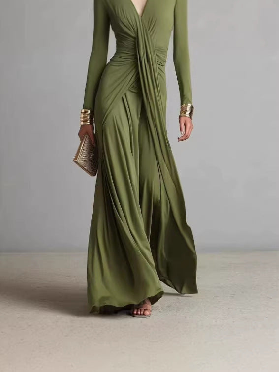 Womens Pleated V-Neck Dress
