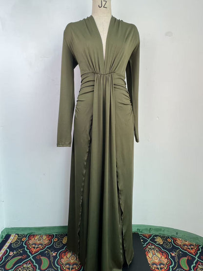 Womens Pleated V-Neck Dress