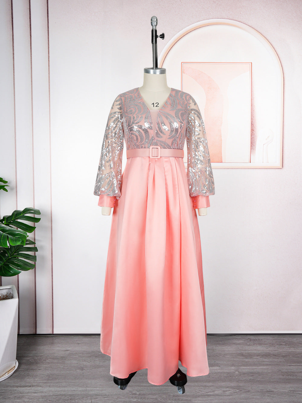 Womens Plus Size Long Dress Sequin Lace V Neck