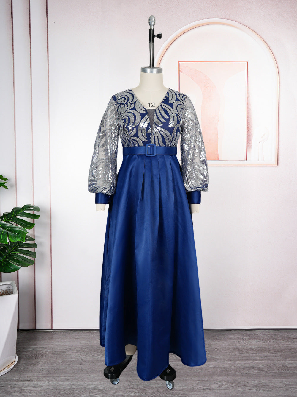Womens Plus Size Long Dress Sequin Lace V Neck