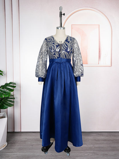 Womens Plus Size Long Dress Sequin Lace V Neck