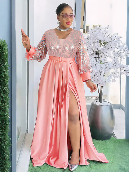 Womens Plus Size Long Dress Sequin Lace V Neck