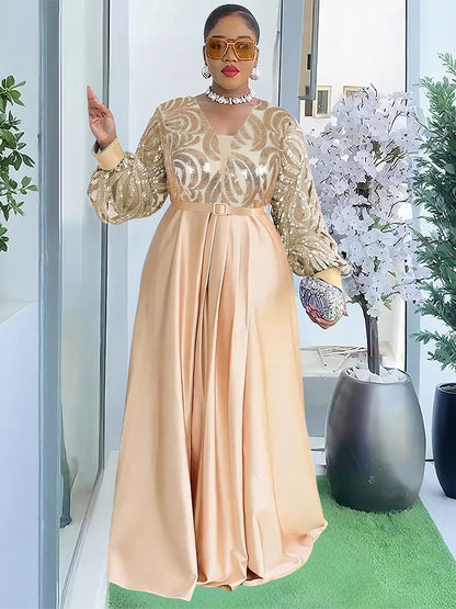 Womens Plus Size Long Dress Sequin Lace V Neck