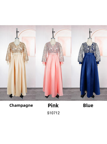 Womens Plus Size Long Dress Sequin Lace V Neck