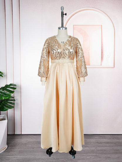 Womens Plus Size Long Dress Sequin Lace V Neck