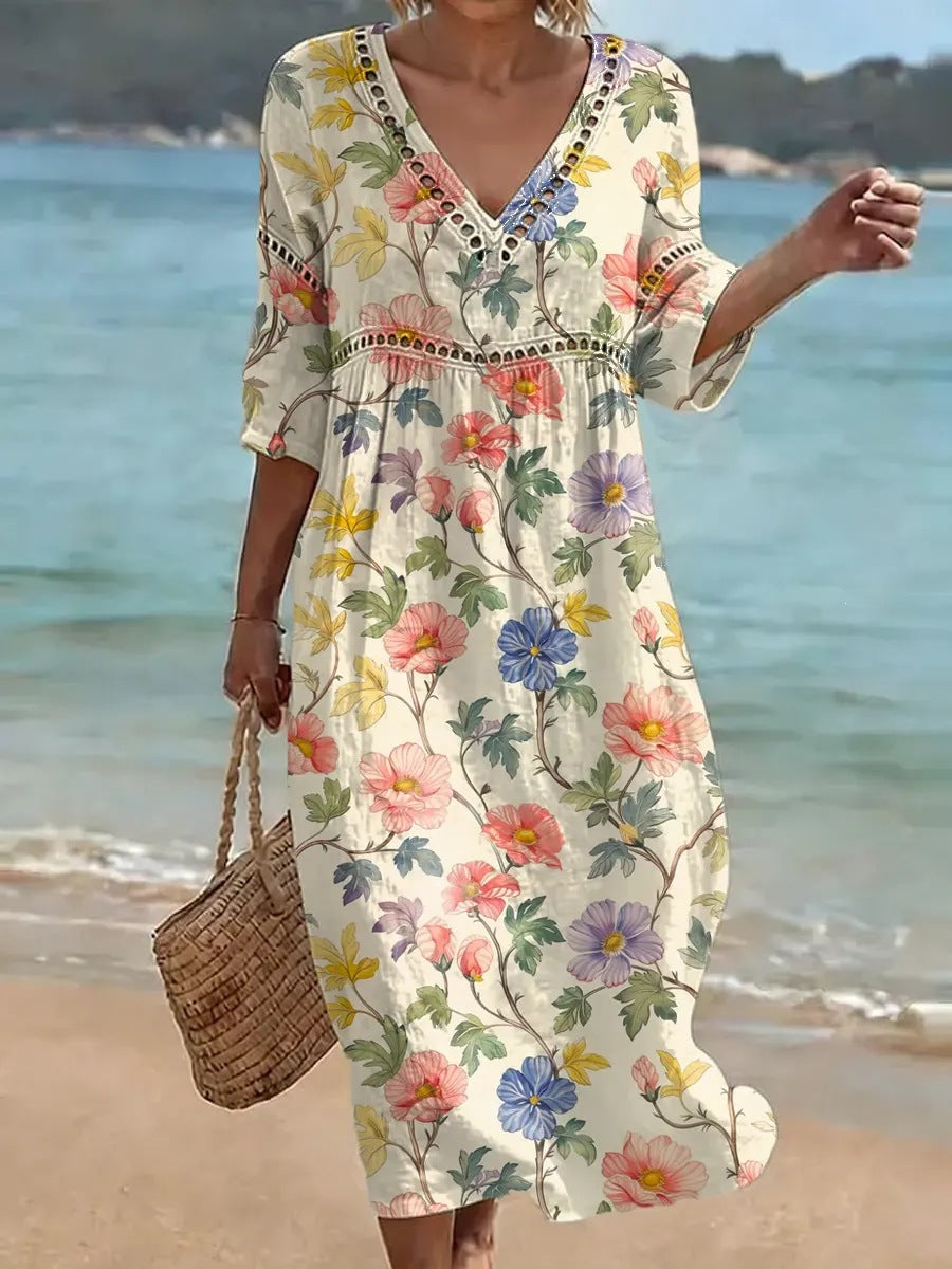 Womens Plus Size V-Neck Dress Digital Print A-Line Midi Dress