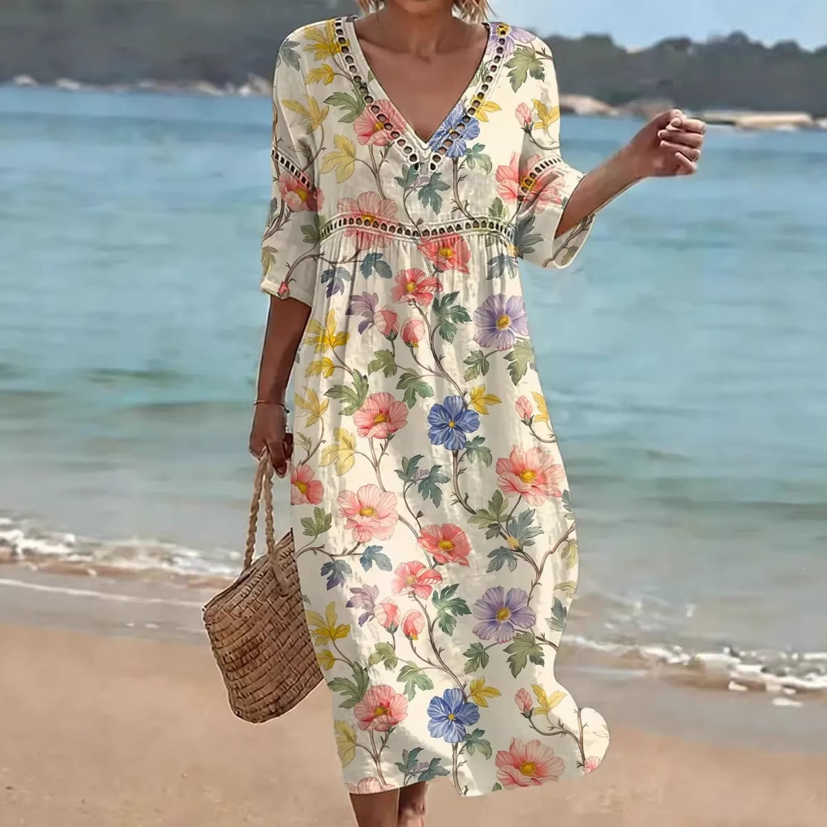 Womens Plus Size V-Neck Dress Digital Print A-Line Midi Dress