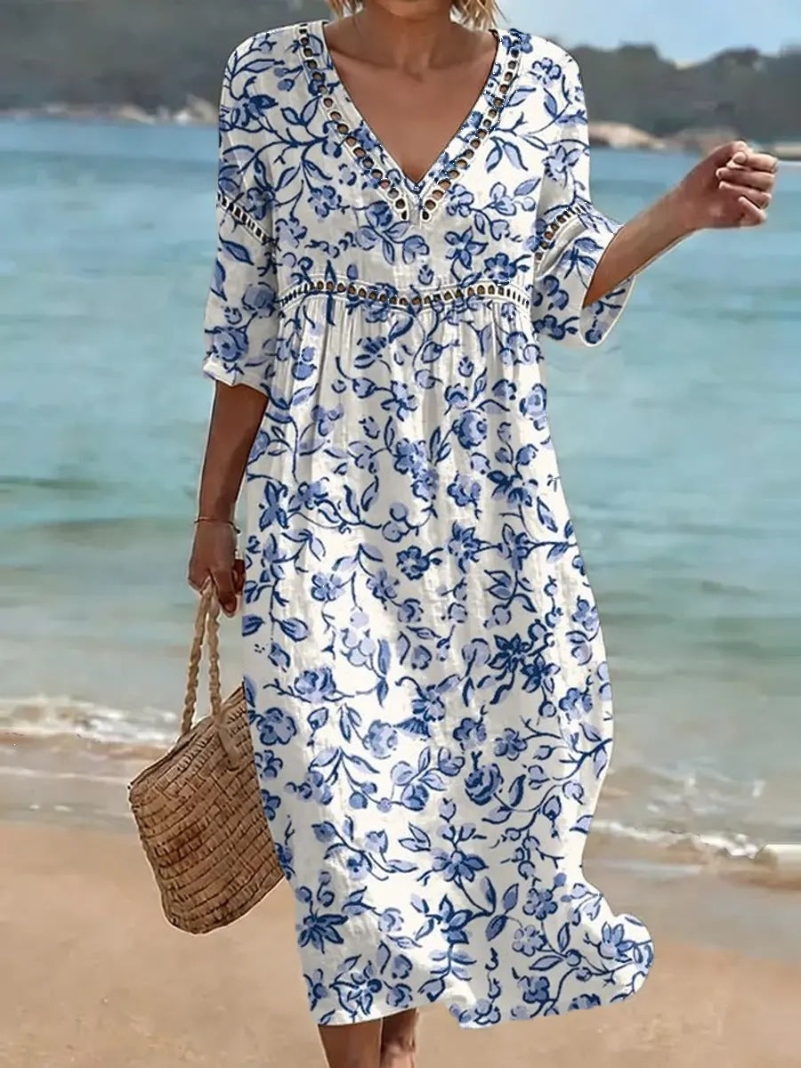 Womens Plus Size V-Neck Dress Digital Print A-Line Midi Dress