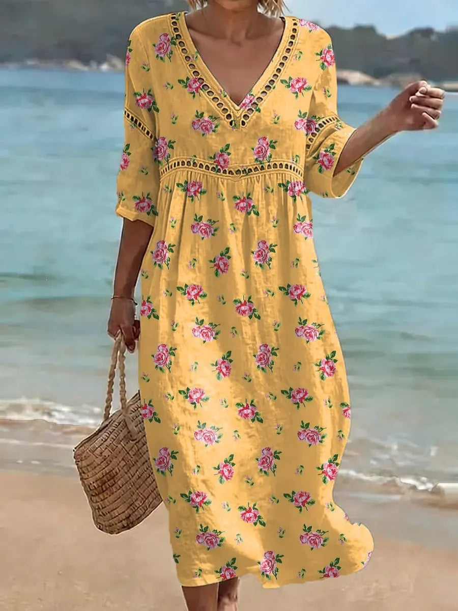 Womens Plus Size V-Neck Dress Digital Print A-Line Midi Dress