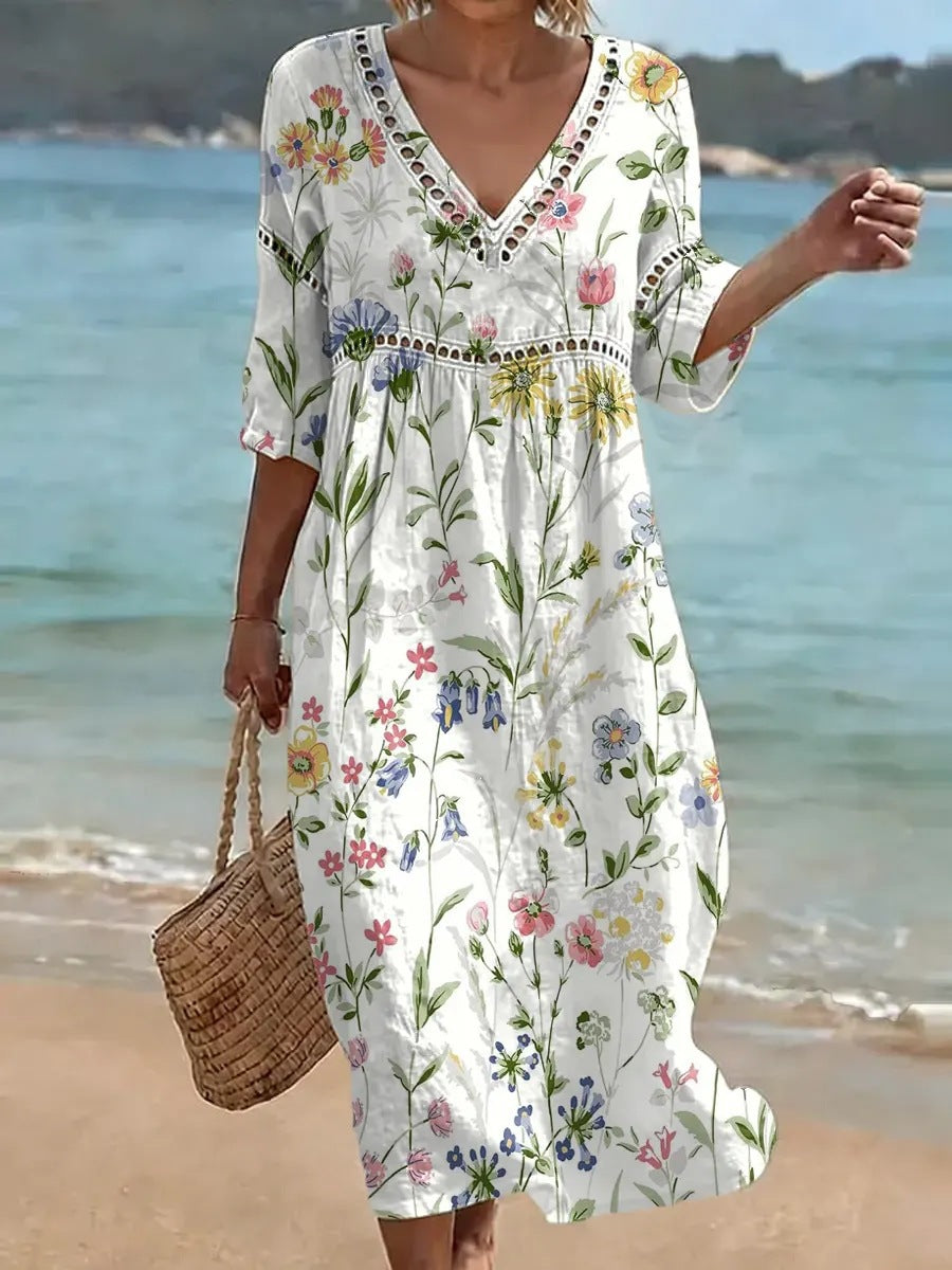 Womens Plus Size V-Neck Dress Digital Print A-Line Midi Dress