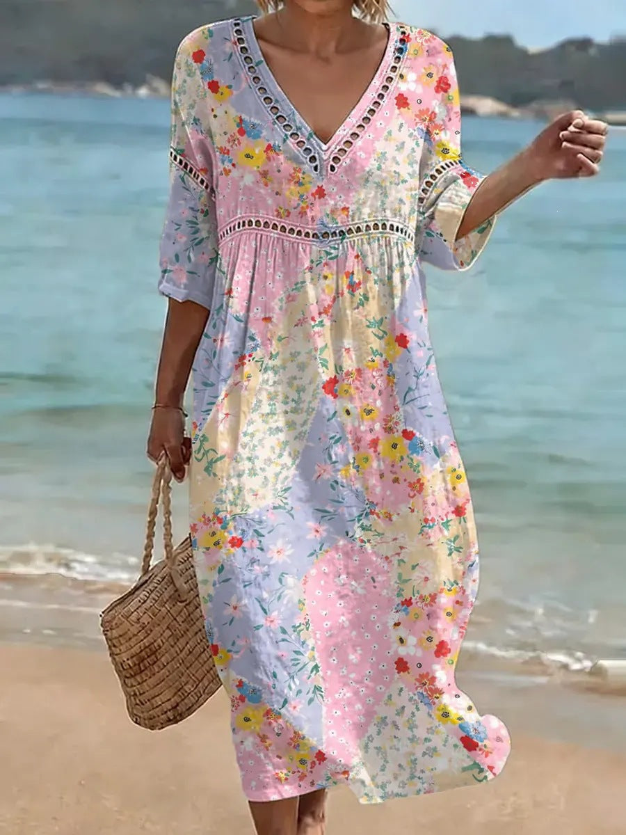 Womens Plus Size V-Neck Dress Digital Print A-Line Midi Dress