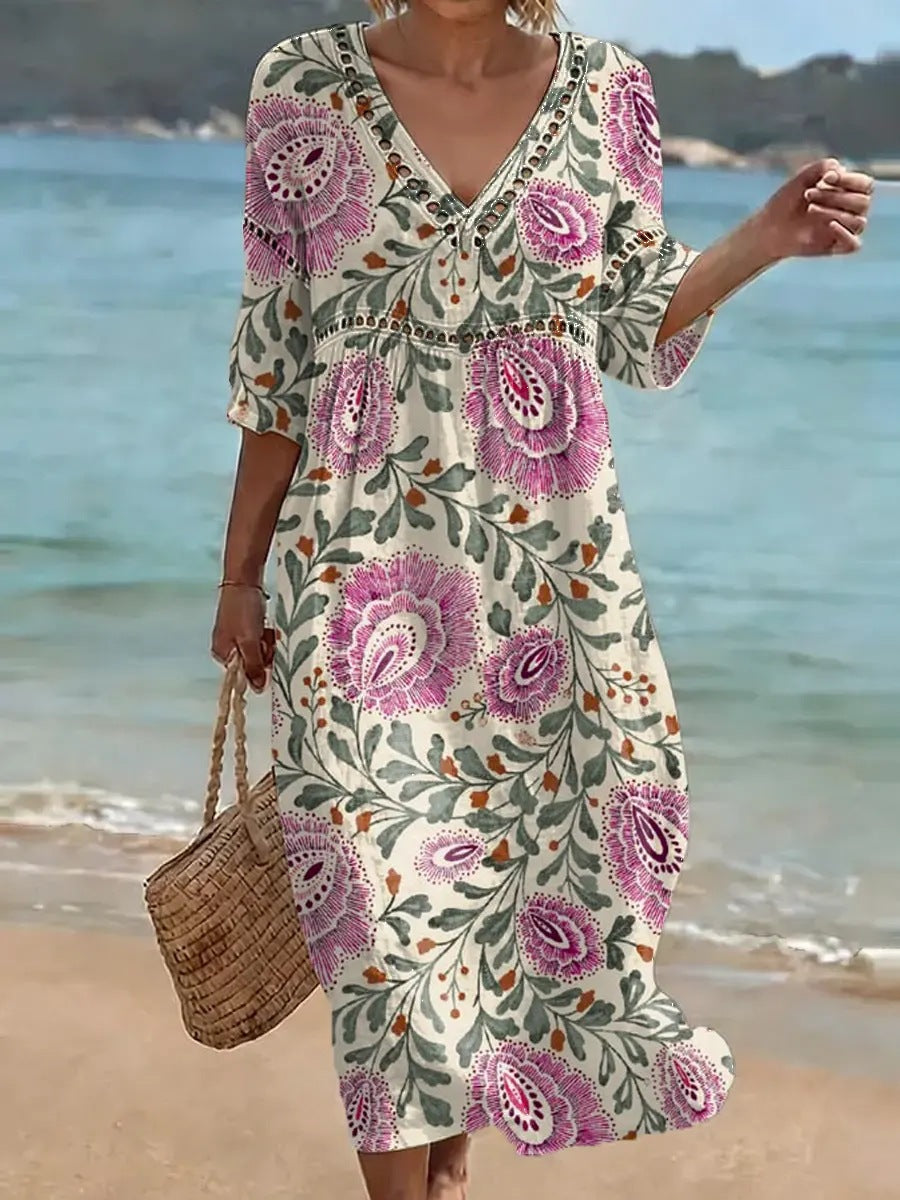 Womens Plus Size V-Neck Dress Digital Print A-Line Midi Dress