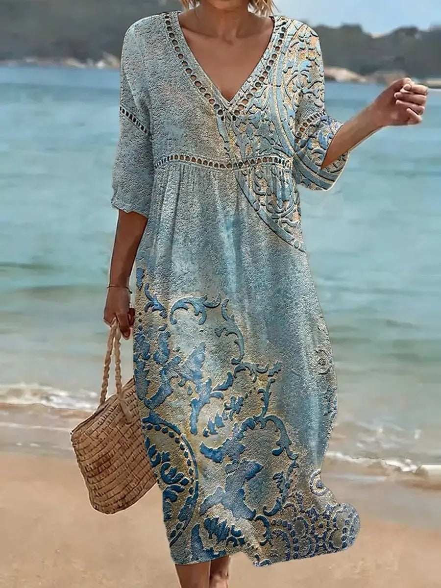 Womens Plus Size V-Neck Dress Digital Print A-Line Midi Dress