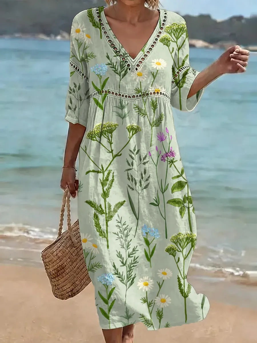 Womens Plus Size V-Neck Dress Digital Print A-Line Midi Dress