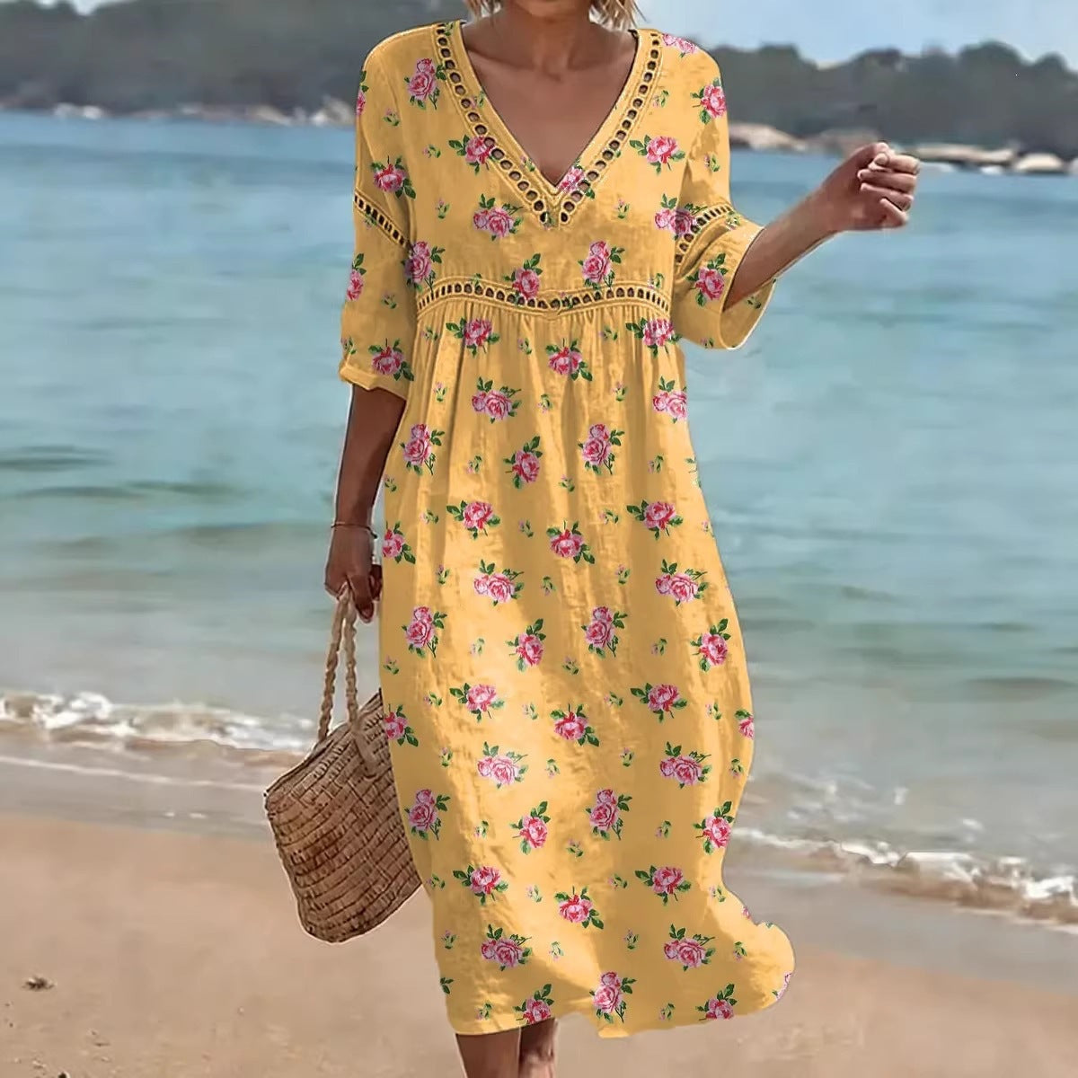 Womens Plus Size V-Neck Dress Digital Print A-Line Midi Dress
