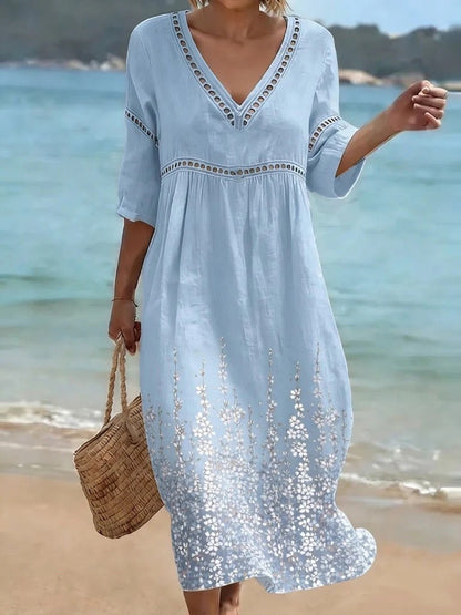 Womens Plus Size V-Neck Dress Digital Print A-Line Midi Dress