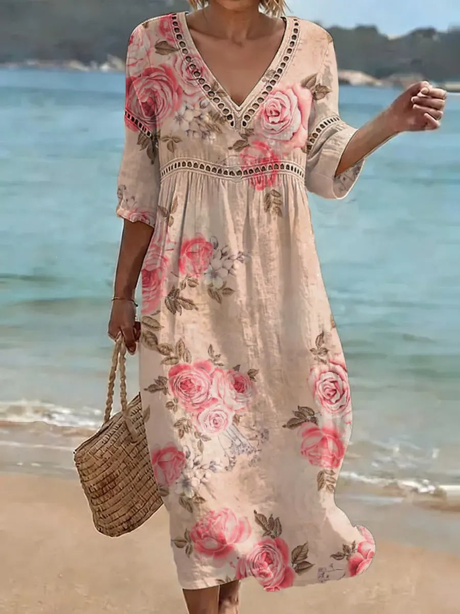 Womens Plus Size V-Neck Dress Digital Print A-Line Midi Dress