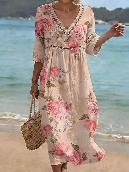 Womens Plus Size V-Neck Dress Digital Print A-Line Midi Dress